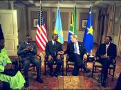 George W. Bush meets with Joseph Kabila of the Democratic Republic of Congo, left, Thabo Mbeki of South Africa, center, and Paul Kagame of Rwanda, right, at the Waldorf-Astoria Hotel in New York City.