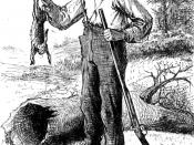 Drawing of Huckleberry finn with a rabbit and a gun, by EW Kemble from the original 1884 edition of the book. 哈克貝利及一隻兔子和槍的畫作。