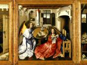 English: triptych, history of art 1 course 5 , tableau at the Metropolitan Museum of Art *CAMPIN, Robert (the Master of Flemalle) *Merode Altarpiece *c. 1425 *Triptych, oil on wood *Center panel 25 1/4 x 24 7/8 in *Left wing 25 3/8 x 10 3/4 in. *Right win