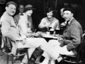 Ernest Hemingway seated in 1925 with the persons depicted in the novel 