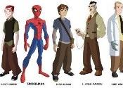 Character designs to some of the main characters in The Spectacular Spider-Man. Left to right: Mary Jane Watson, Gwen Stacy, Harry Osborn, Spider-Man, Peter Parker, J. Jonah Jameson, Dr. Curt Connors and Eddie Brock.