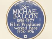 English: A Blue Plaque to Sir Michael Elias Balcon on the front wall of the White Lodge at Ealing Sudios. He produced some of his best work here.