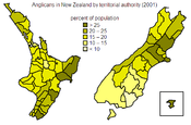Distribution of Anglican population within New Zealand at the 2001 census.