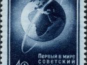 USSR postage stamp depicting the communist state launching the first artificial satellite Sputnik 1.