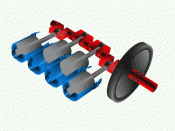 Crankshaft (red), pistons (gray) in their cylinders (blue), and flywheel (black)
