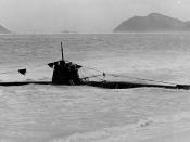Ko-hyoteki class submarine grounded in the surf on Oahu after the Attack on Pearl Harbor, December 1941.