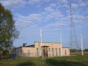 Station building and one of the towers of Motala longwave transmitter