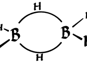 English: Bonding diagram of diborane (B 2 H 6 ) showing with curved lines a pair of three-center two-electron bonds, each of which consists of a pair of electrons bonding three atoms, two boron atoms and a hydrogen atom in the middle.