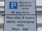 English: In Westminster electric cars can use any of the designated charging points to recharge their vehicle for up to 4 hours for free.