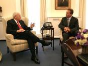 Vice President Dick Cheney meets with Gov. Arnold Schwarzenegger for the first time at the White House. Vice President Dick Cheney meets with California Gov.-elect Arnold Schwarzenegger in the Vice President's West Wing office Oct. 30, 2003. This is the f
