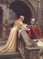 God Speed! by Edmund Blair Leighton, 1900: a late Victorian view of a lady giving a favor to a knight about to do battle