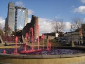English: Water in Castle Square Fountain, Swansea dyed red for St. David's Day 2009.