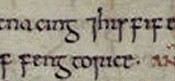 English: Snipped from an image on this British Library page; described there as Anglo-Saxon Chronicle (C-text): Entries for the years 824 to 833. Abingdon, mid eleventh century.British Library Cotton MS Tiberius B.i, f.128. The snippet uploaded is the ent