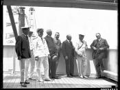 Group portrait with eight men on board RMS ORSOVA, including Stanley Bruce and Lord Stonehaven