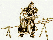 Drawing of an early Chinese soldier lighting a rocket