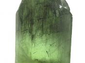 English: Ludwigite, Olivine :: Locality: Suppat, Kohistan, Pakistan :: Size: miniature, 3.4 x 1.8 x 1.2 cm ::;Peridot with Ludwigite inclusions :: This forsterite var. peridot crystal is highlighted by rare, acicular crystal inclusions of ludwigite, a rar