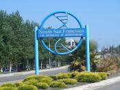 English: Genentech has sponsored these DNA-themed gateway signs throughout South San Francisco, which declare the city to be the 