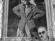 English: Director John Ford standing before portrait of himself and Academy Award statue, circa 1946