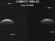 English: Radar imaging of 1994 CC's moons at NASA's Goldstone at different times. Static.