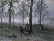 English: Battle of Chickamauga, Confederate line advancing up hill through forest toward Union line. Work by Alfred Waud.