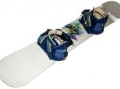A snowboard with strap-in bindings