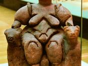 Seated Mother Goddess flanked by two lionesses from Çatalhöyük (Turkey), Neolithic age (about 6000-5500 BCE), today in Museum of Anatolian Civilizations in Ankara Doubts about accuracy of this description are presented in Wikipedia:Talk:Cybele #Seated Wom