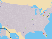 Karte mit Spielorten der Vereine in den Ligen: NFL (Rot), NBA (Blau), NHL (Gelb), MLB (Grün)