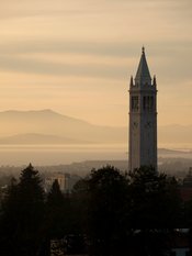 Sather Tower (the Campanile) looking out over the San Francisco Bay and Mount Tamalpais.