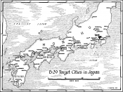 English: Map of Japan showing the cities attacked by United States Army Air Forces B-29 bombers during World War II