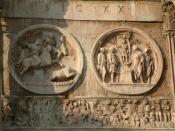 A contemporary image of the battle from the Arch of Constantine, Rome. In the frieze at the foot of the image Constantine's cavalry drive Maxentius' troops into the waters of the Tiber.