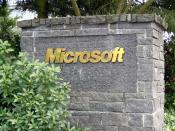 Closeup of a stone sign bearing the Microsoft logo in gold letters at an entrance to Microsoft's Redmond campus at the intersection of 40th St and 159th Ave. Taken in April 2005 by Derrick Coetzee, who releases all rights to the work and releases it into 