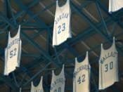 Michael Jordan's college jersey hanging from the rafters at the Dean Smith Center.