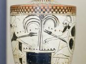 Achilles (on the left) and Ajax the Great (on the right) playing dice, identified by inscriptions. Black-figure Attic lekythos.