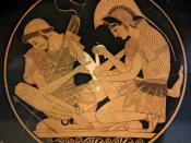Achilles tending Patroclus wounded by an arrow, identified by inscriptions on the upper part of the vase. Tondo of an Attic red-figure kylix, ca. 500 BC. From Vulci.