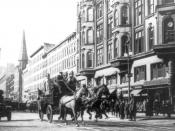 English: Horse-drawn fire engines in street, on their way to the Triangle Shirtwaist Company fire, New York City
