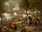 English: *Description: Battle of Chancellorsville--May 2-4, 1863--Union (Gen. Hooker) ... Confederates (Gen. Lee) ... Gen. Jackson mort. wd.; lithograph, color. Date: 1889. Author: Publisher - Kurz and Allison in Chicago, IL. Source: Library of Congress.