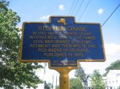 Historical maker in Port Jervis, New York that points out the park that American author Stephen Crane wrote parts of The Red Badge of Courage.