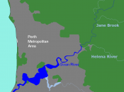 map of the area around Perth, Western Australia, showing the location of the Swan River, Western Australia