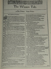 Photo of the first page of The Winter's Tale from a facsimile edition of the First Folio of Shakespeare's plays, published in 1623