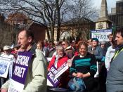A rally of the trade union UNISON in Oxford during a strike on March 28, 2006, with members carrying picket signs.