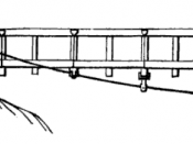 English: Detail of an underspanned suspension bridge, an early 19th century descendant of the simple suspension bridge. The deck is raised on posts above the main cables.