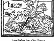 English: Woodcut from 15th century. From General Prologue page of the Canterbury Tales by Geoffrey Chaucer. The text reads (approximately): And at a knyght than wol I first bigynne. A knyght ther was, and that a worthy man, That fro the tyme that he first