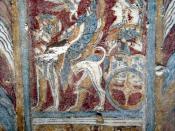 English: Two goddesses on a chariot drawn by a mythical winged animal. Painting on sarcophagus from Agia Triada. Herakleion Archeological Museum