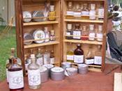 English: An assortment of different medicines and remedies used to treat soldiers during the American Civil War era on display at the battle of Corydon in 2009