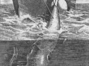 The Alecton attempts to capture a giant squid off Tenerife in 1861. Illustration from Harper Lee's Sea Monsters Unmasked, London, 1884.