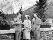 King George VI and Queen Elizabeth talking with Rt. Hon. W.L. Mackenzie King on the terrace of the Banff Springs Hotel