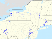 English: Footprint of First Niagara Bank branches within the United States through the end of April 6, 2010, when the merger with NewAlliance Bank was approved. Zip codes with more than one branch have progressively larger points.