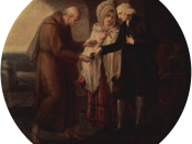 A charitable couple giving money to a poor monk.