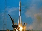 liftoff of Soviet Soyuz launch vehicle from Baykonur Cosmodrome in Kazahstan carrying Soyuz 19 spacecraft for the Apollo Soyuz Test Project.