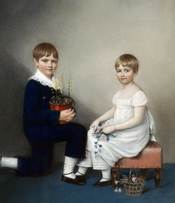 English: An 1816 chalk drawing of Charles Darwin at age six with sister Catherine, by Ellen Sharples